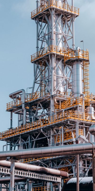 View of a large oil refinery plant with intricate pipelines in Trzebinia, Poland.